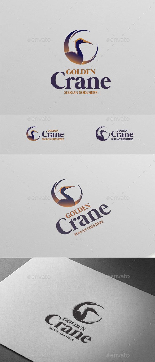 the golden crane logo is shown in three different colors and sizes, as well as an arrow