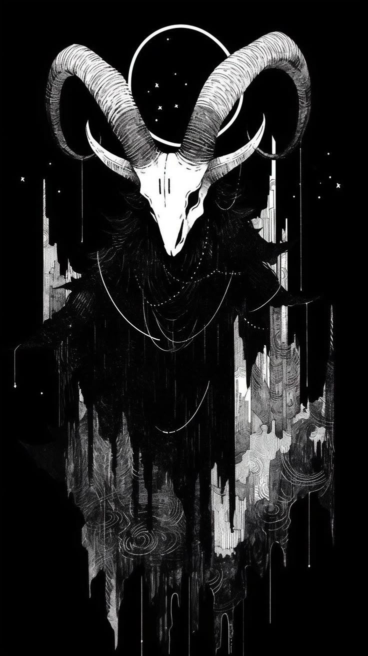 a black and white drawing of a horned animal with horns on it's head