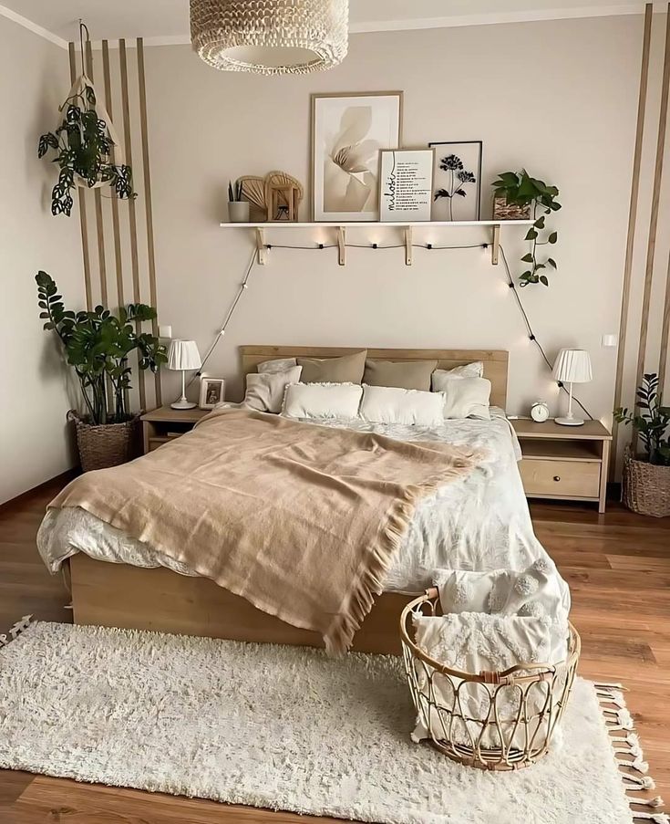 a bedroom with white walls and wooden flooring is decorated in neutral tones, including beige bedding