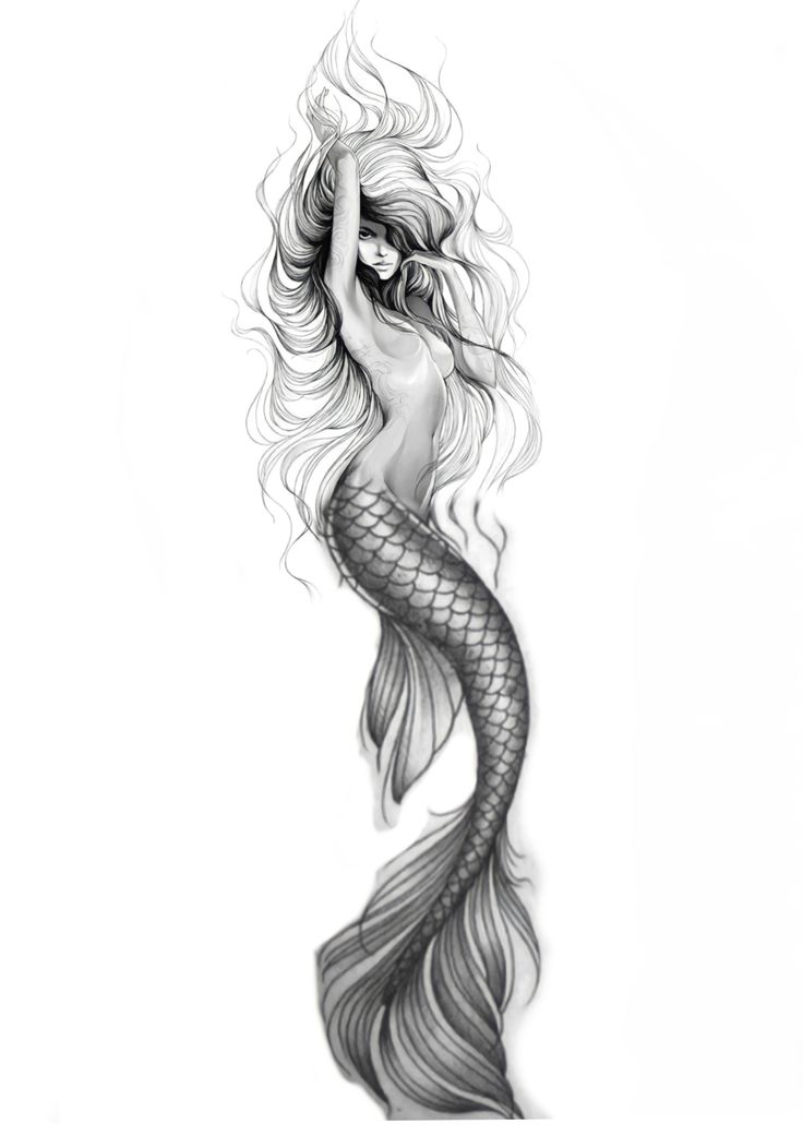 a drawing of a mermaid with her hair blowing in the wind and long flowing hair