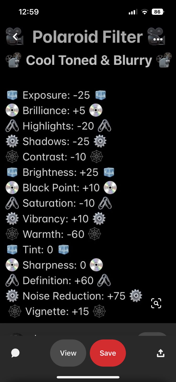 the polaroid filterr app on an iphone, showing it's settings and features