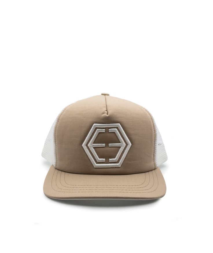 Inspired by Los Angeles streetwear and made entirely in DTLA, our elevated take on the classic American trucker hat features an oversized puffy Ethos logo on a textured tan cotton fabric that matches as nicely with your Finley Show Tan as with your favorite sweats set. A cursive "Los Angeles" over the snapback closure and a "Made in America" flag on the inside seaming honor Ethos' LA roots and our ambition to produce locally to the greatest extent possible. This is a limited edition hat that was Casual Beige Trucker Hat For Spring, Beige Trucker Snapback Hat, Beige Flat Bill Trucker Hat For Outdoor, Casual Trucker Hat With Embroidered Logo And Flat Brim, Beige Trucker Hat With Flat Brim, Beige Flat Brim Trucker Hat, Brown Trucker Hat With Logo Patch For Streetwear, Beige Trucker Snapback Baseball Cap, Beige Snapback Trucker Hat For Outdoor