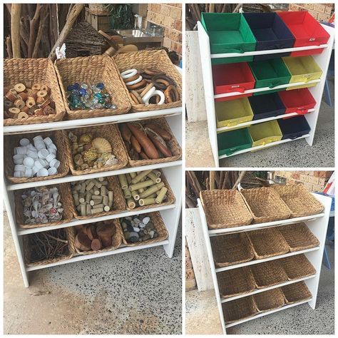 the shelves are filled with different types of baskets and bins for storing food items