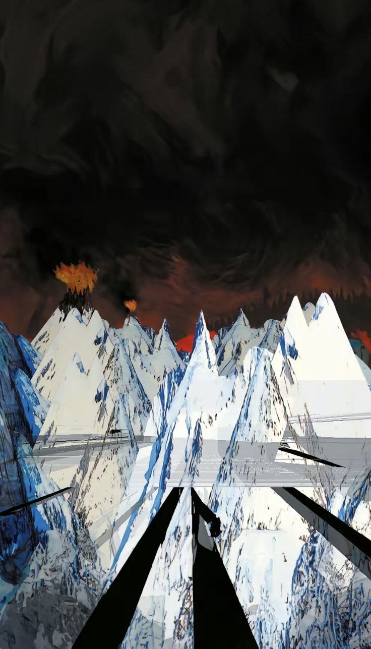 an abstract painting of mountains with dark clouds