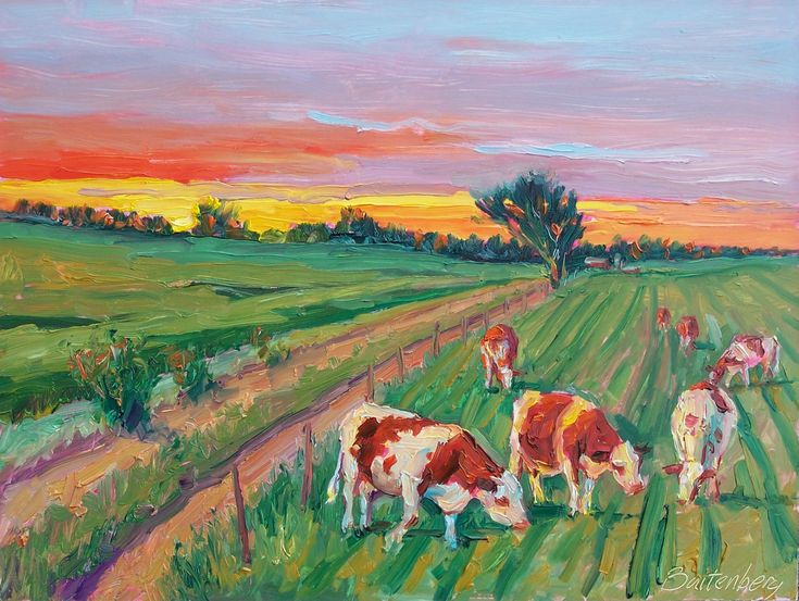 painting of cows grazing in a field at sunset