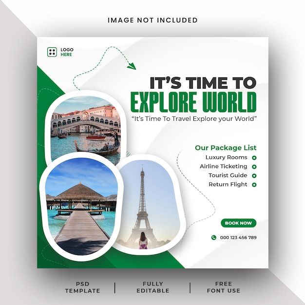 a travel flyer with the eiffel tower in green and white, it's time to explore world