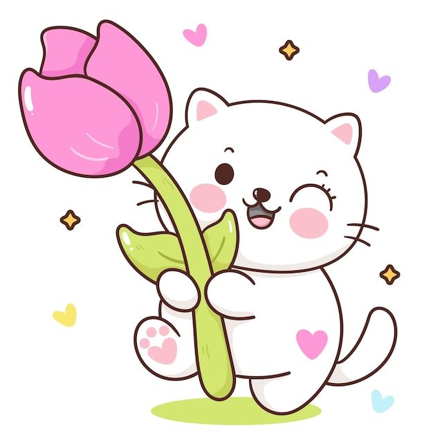 a white cat holding a pink flower in its paws