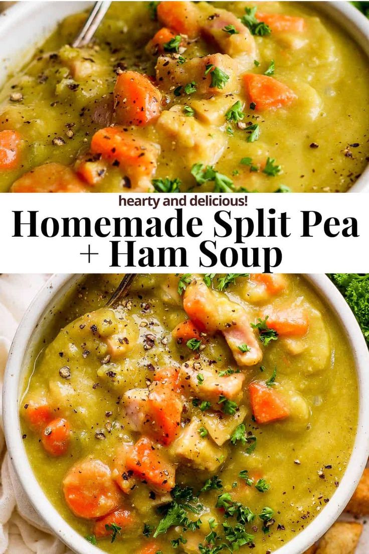 two bowls of homemade split pea and ham soup