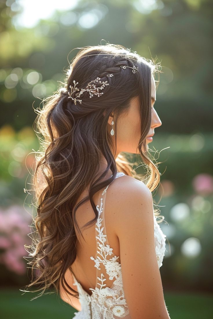 a woman with long hair wearing a wedding dress