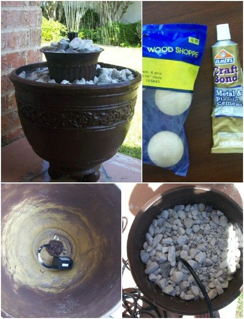 four pictures showing different types of rocks in a pot and the same one being used as a water fountain