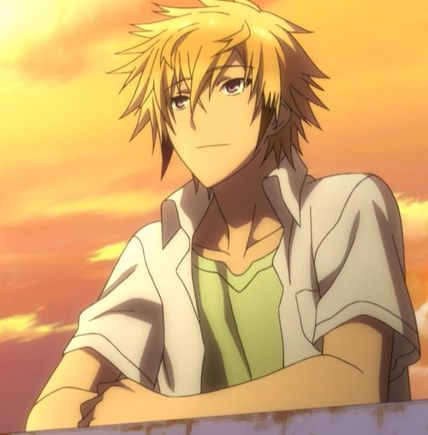 an anime character standing in front of a sunset with his arms crossed and looking at the camera