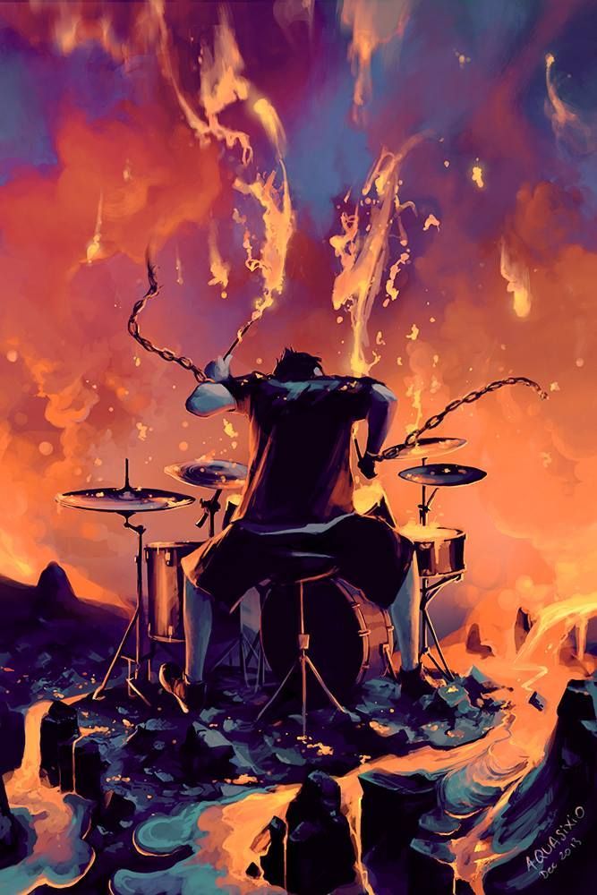 a painting of a drum set in front of an orange and blue sky with clouds