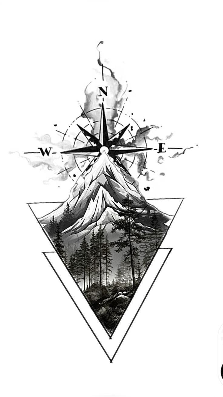 a black and white drawing of a mountain with trees in the foreground, surrounded by triangles