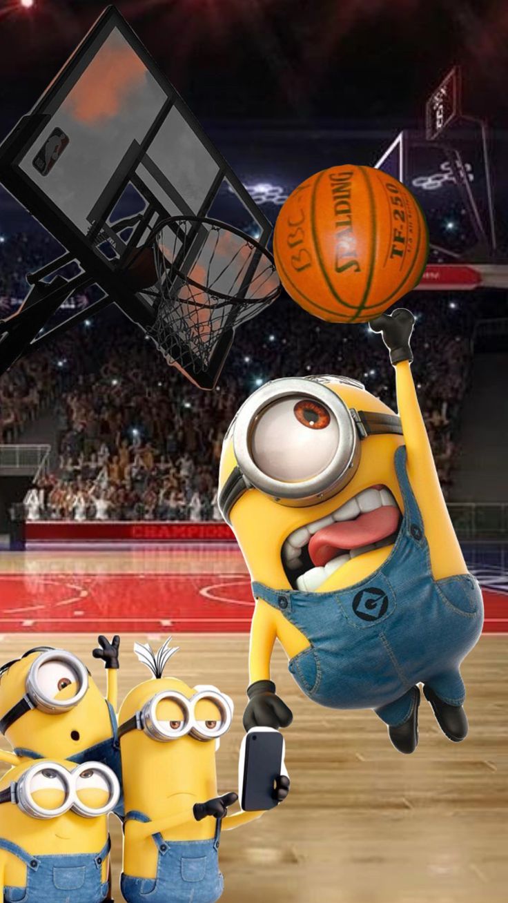 two minions playing basketball in front of an audience