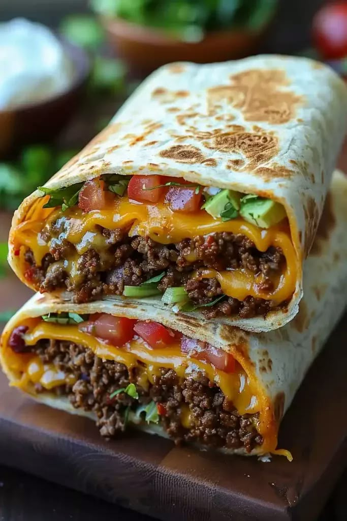 two burritos stacked on top of each other with meat, cheese and veggies