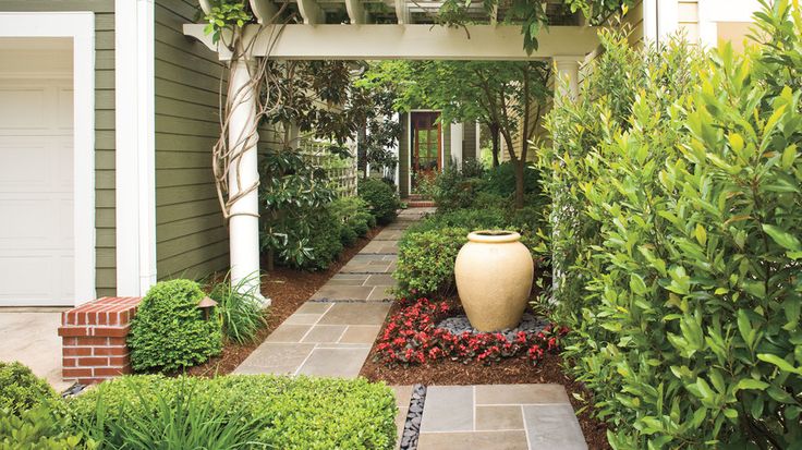 an outdoor garden with lots of greenery and flowers on the side of the house