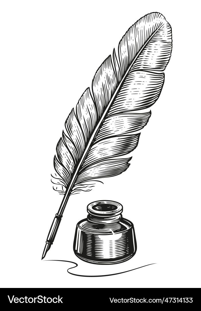 a feather quill next to a inkwell with a pen on it, vintage engraved illustration