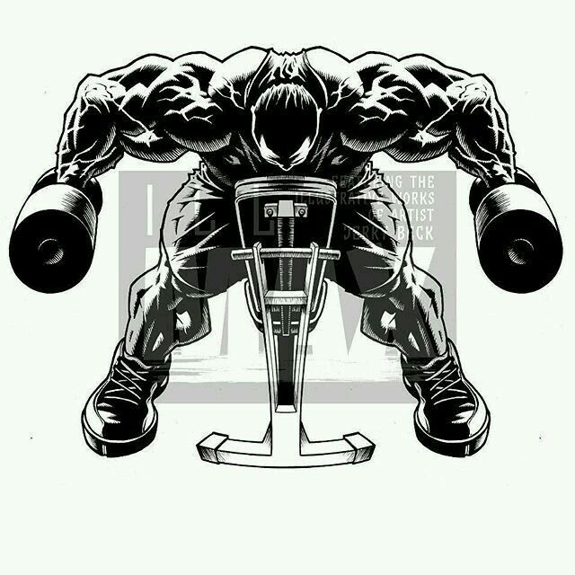 an illustration of a bodybuilding man doing squats with dumbbells in his hands