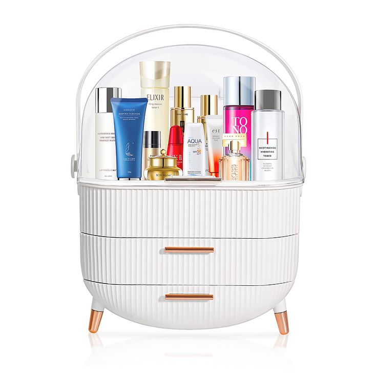 PRICES MAY VARY. [Stunning & Awarded Design]With a stunning curved design(golden plated supporting legs and drawer handles, this makeup organizer is also a charming ornament for any countertop, vanity or dresser. [Large Capacity&Compartment ]The top compartment can store about 12 tall bottles and the bottom 2 drawers are ideal to store your lipsticks,eye shadow,brushes, jewelry and other little pieces. [Wide Open Clear Lid]With high clear lid,you can easily see throught the box and get/put back Bedroom Vanity Desk, Portable Vanity, Oval Makeup, Makeup Storage Organization, Makeup Storage Box, Cosmetic Display, Plastic Organizer, Skincare Organization, Preppy Room