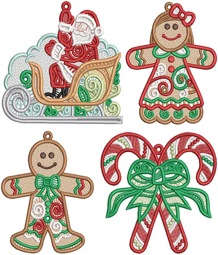 three christmas gingerbreads with santa in a sleigh machine embroidery design set