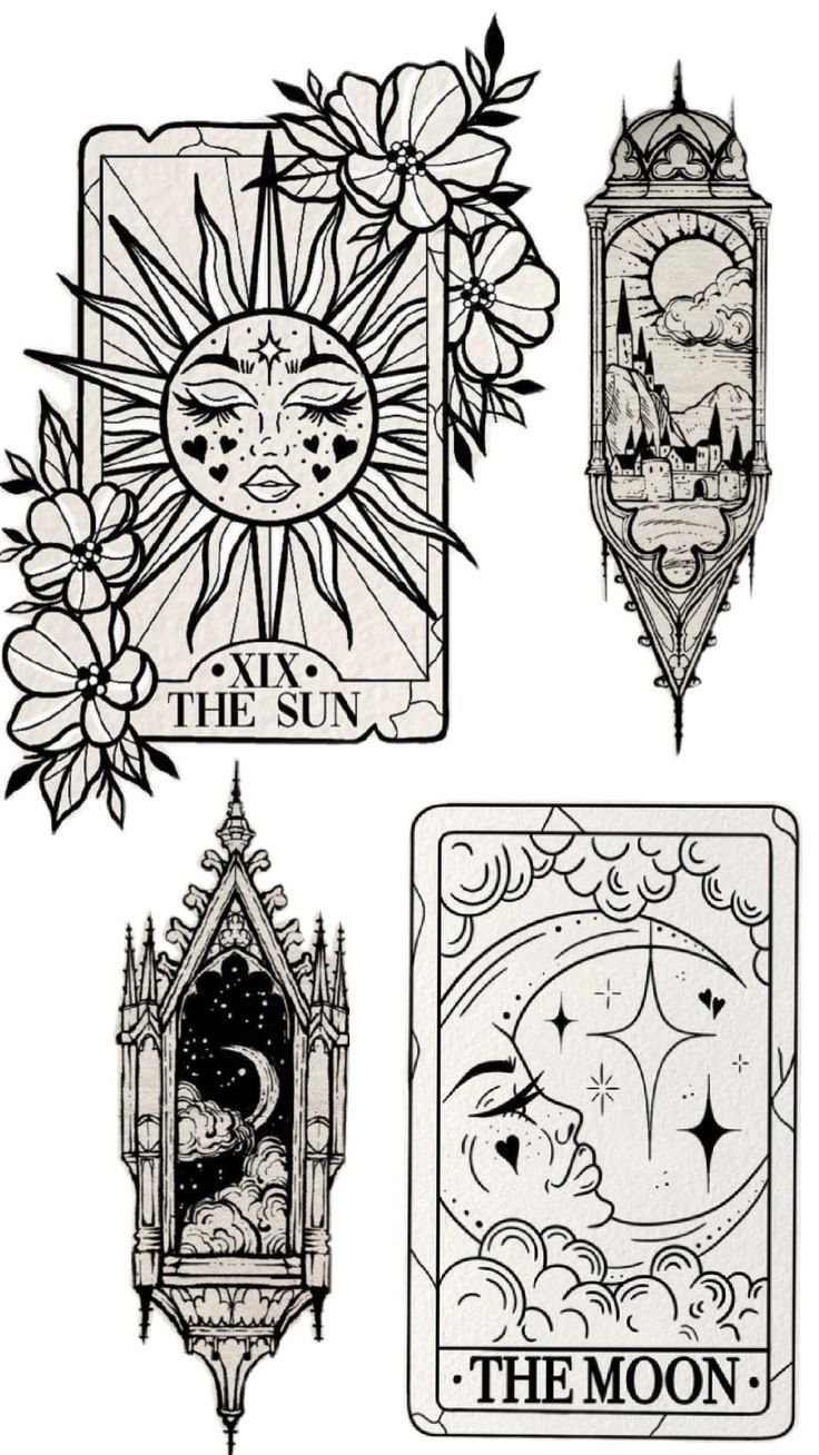 four different designs for the moon tarot cards