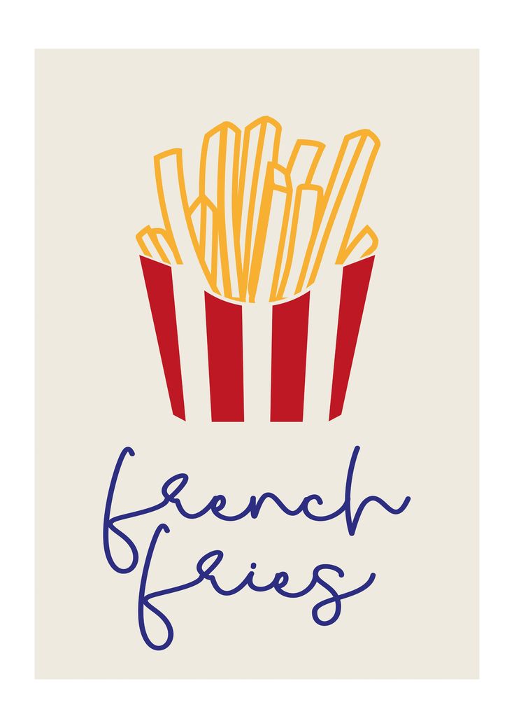 french fries with the word french fries written in blue ink on a white background, next to a red and yellow striped box