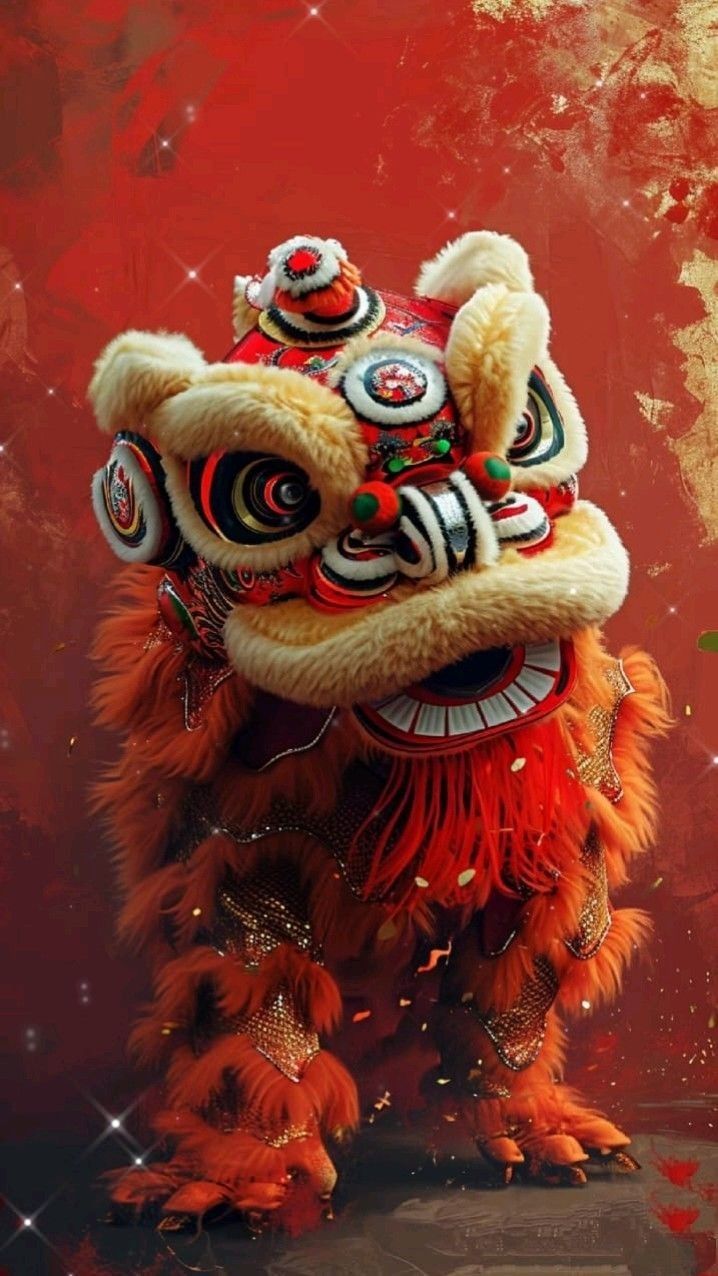 a lion dance costume on display against a red background