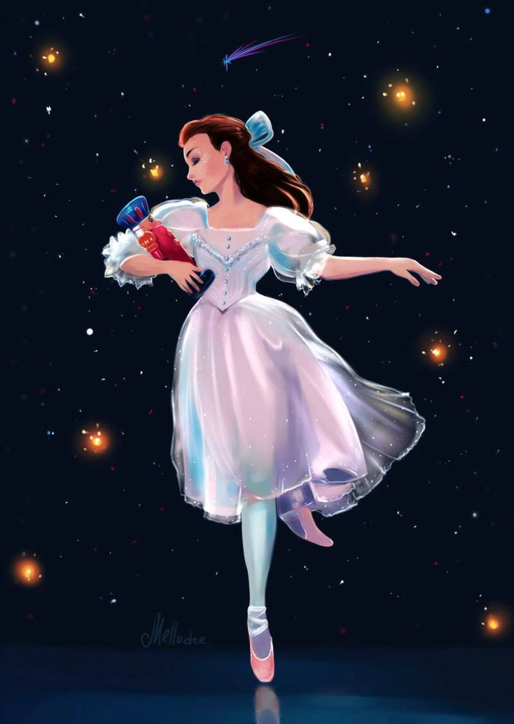 a painting of a ballerina in white dress holding a red box with stars behind her