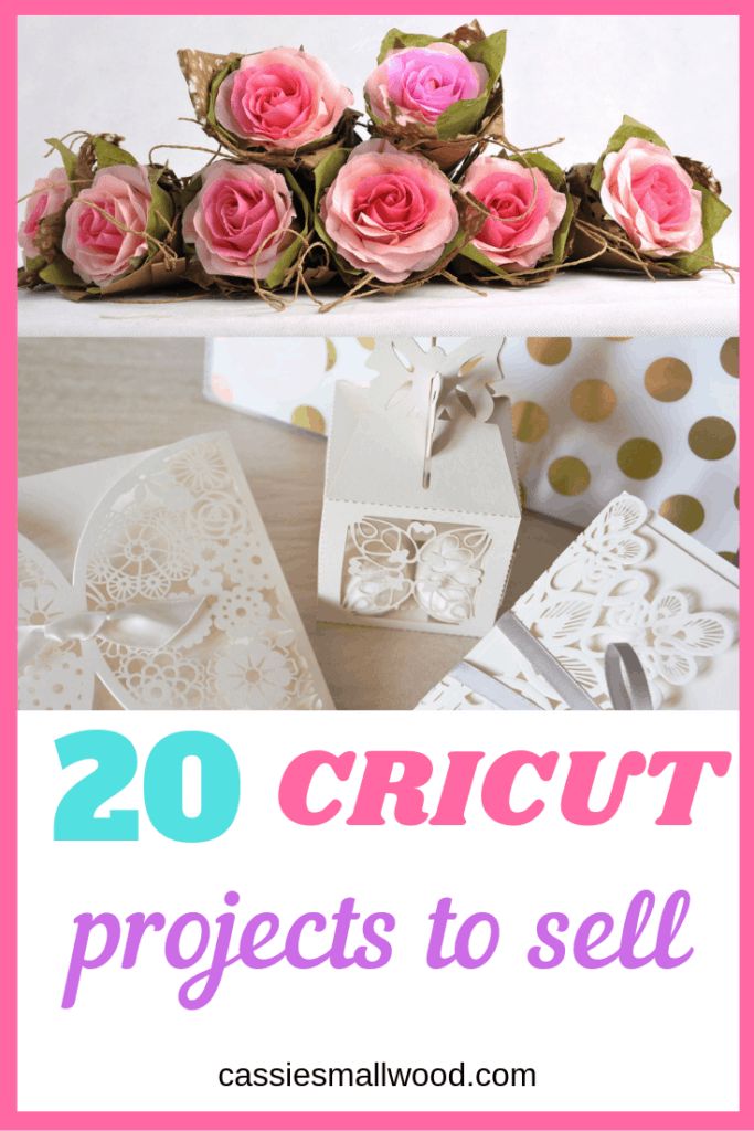 the words 20 cricut projects to sell are shown in pink and white