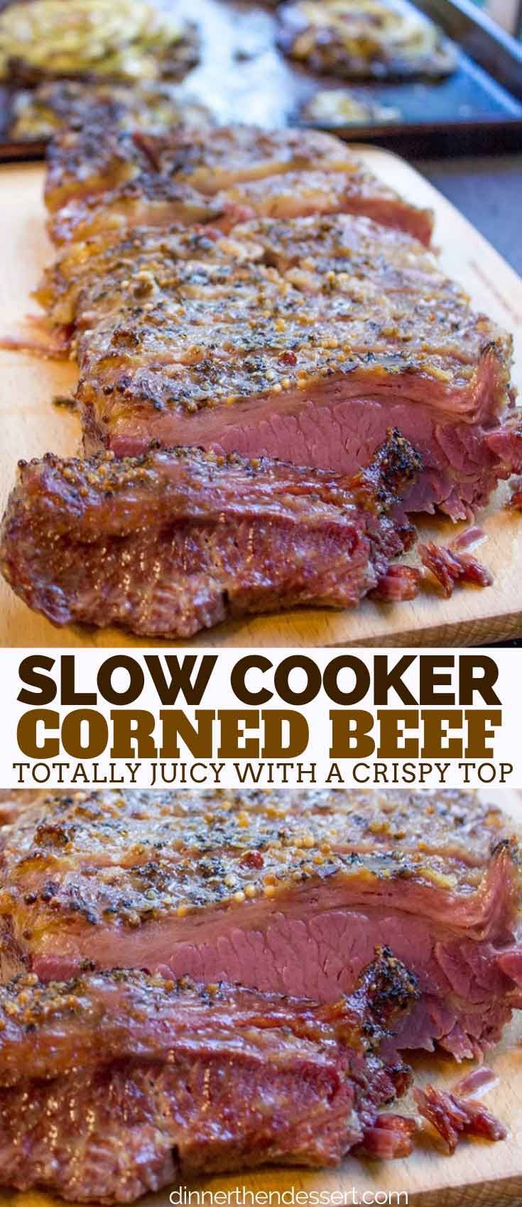 slow cooker corned beef on a cutting board with text overlay that reads slow cooker corned beef totally juicy with a crispy top