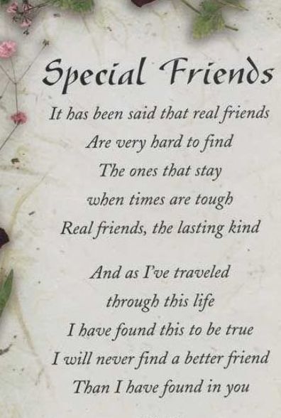 a poem written in white with flowers and leaves on the bottom, says special friends it has been said that real friends are very hard to find