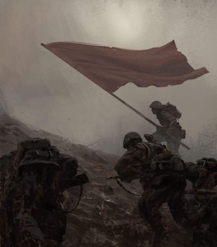 two soldiers holding a red flag in the middle of a foggy mountain area with other soldiers