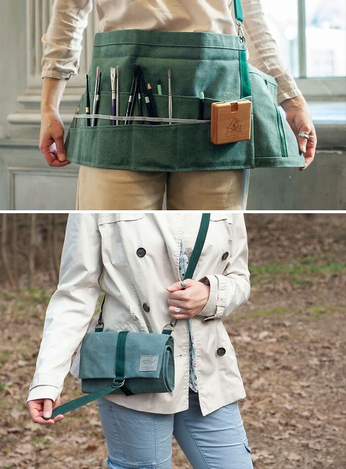 a woman holding a green bag with scissors in it and an image of the back of her purse