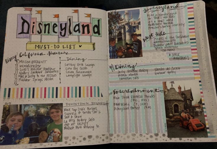 the inside pages of a disney land scrapbook with pictures and words on it,