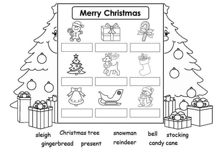 christmas worksheet for kids with pictures and words on the page, including presents