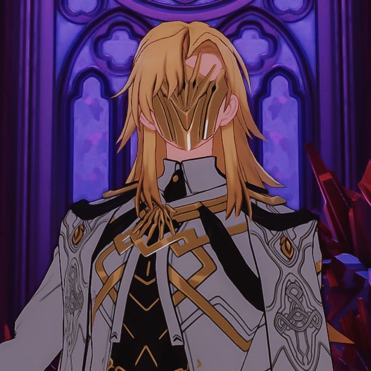 an anime character with long blonde hair wearing armor and standing in front of a purple background