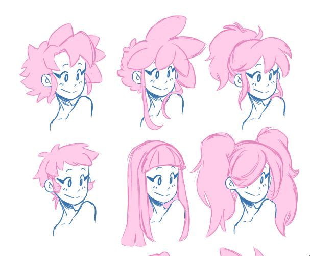 some pink hair and different facial expressions for the character's head, from front to back