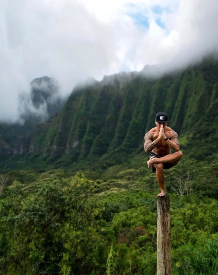 a man sitting on top of a wooden pole in front of a lush green mountain