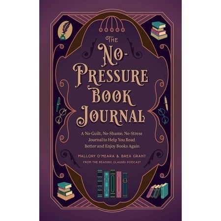 the no pressure book journal is shown in purple and gold with books stacked on it