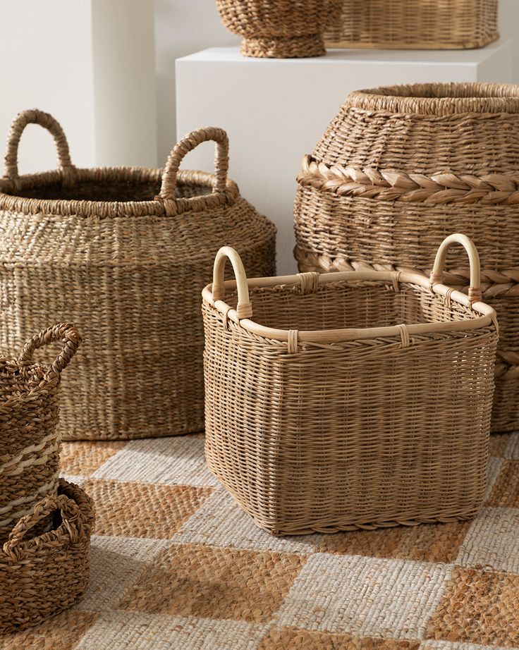 wicker baskets lined up on the floor