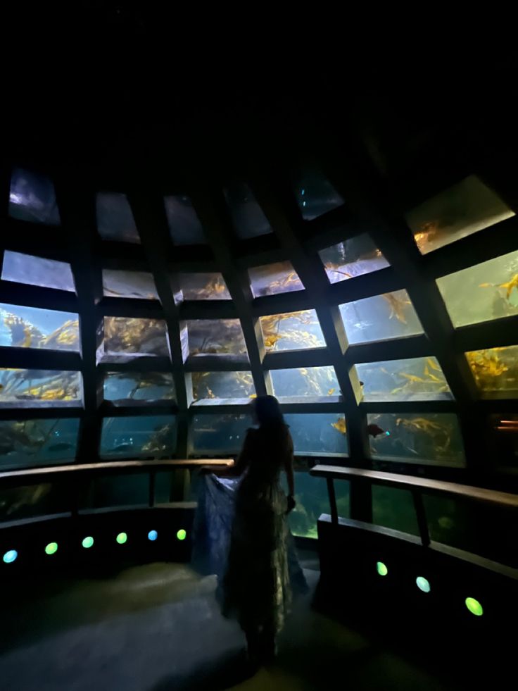 a woman standing in front of an aquarium filled with fish and other marine creatures at night