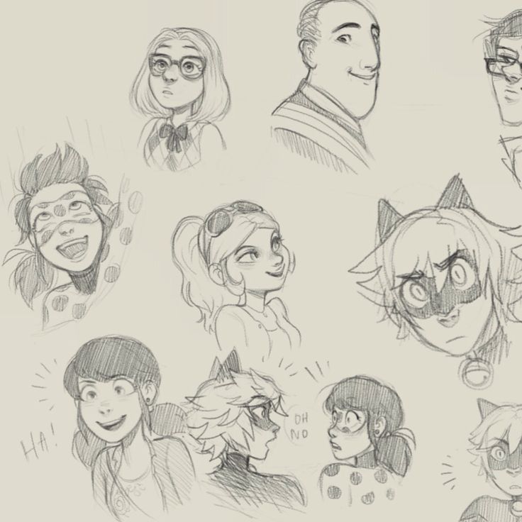 some drawings of people and cats with glasses on their heads, one is smiling at the camera