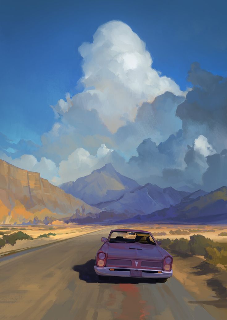 a painting of a car driving down a desert road