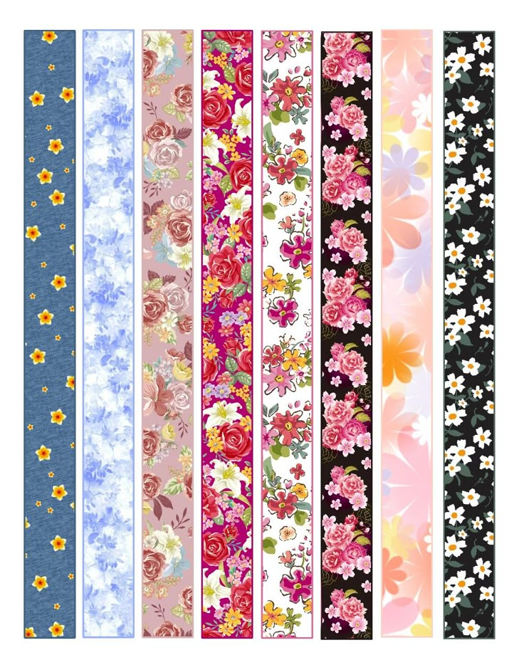 six different flowered patterns are lined up in rows