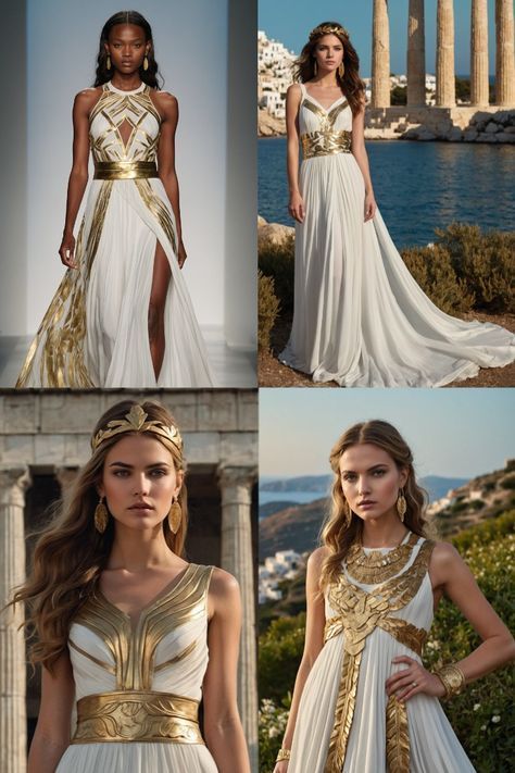 four different pictures of women in white and gold gowns, with columns in the background