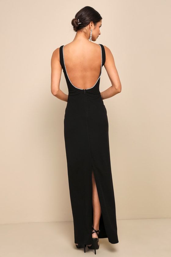 Bring an elevated sparkle wherever you go in the Lulus Timeless Poise Black Rhinestone Square Neck Backless Maxi Dress! This luxe dress has a stretchy, techno crepe woven fabrication that falls from wide straps into a flattering square neckline that continues into a scoop back, all adorned with sparkling rhinestone trim. A princess-seamed bodice and a fitted waist sit atop a figure-skimming column skirt that finishes at an elegant maxi hem. Kick pleat at back allows for movement. Hidden back zip Low Back Black Dress Classy, Formal Wedding Guest Dress Winter Black Tie, Backless Dresses Elegant, Hot Prom Dresses Classy, Formal Black Wedding Guest Dress, Black Evening Gown Elegant, Black And White Bridesmaid Dresses, Roommate Experiment, Ring Dance