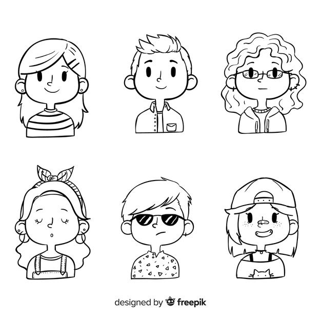 four different avatars drawn in black and white