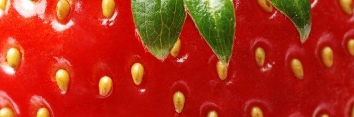 a close up view of a red strawberry with green leaves on it's side