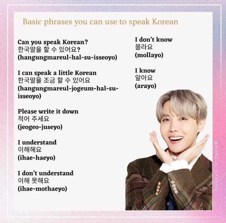 an image of a person that has some words in front of him and the caption below it says basic phrases you can use to speak korean