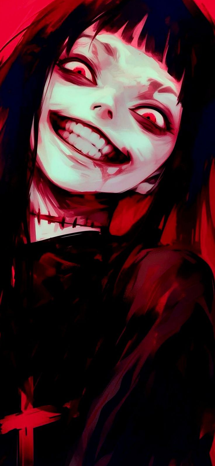 a digital painting of a woman with red eyes and black hair, smiling at the camera